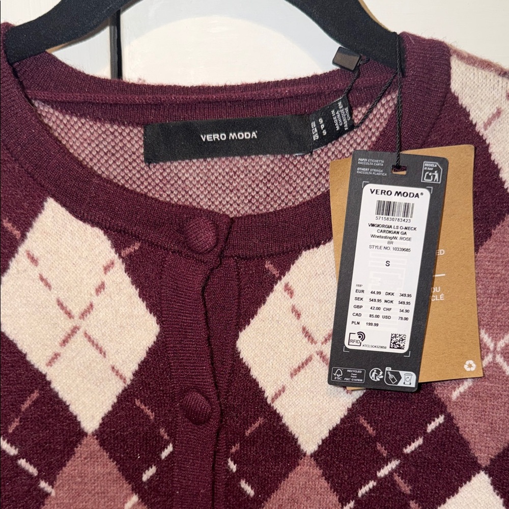 Vera Moda Wine Argyle Cardigan S - Picture 2 of 5